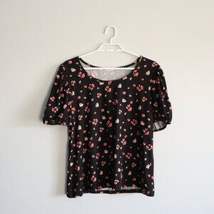 Pebble &‎ Stone Women's Sz Lrg Black Floral Puff Sleeve Crewneck Stretch T-Shirt